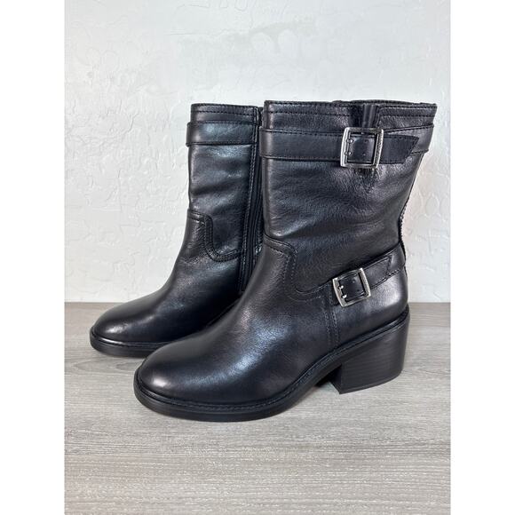 Vince Camuto Women's 10 Vergila Ankle Moto Biker Boots Leather Block Heel Buckle - Picture 1 of 7